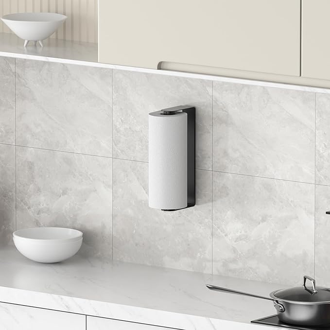 Mbillion Paper Towels Holder Under Cabinet Wall Mount and Self-Adhesive Paper Towel Rack for Kitchen Premium Grade SUS304 Stainless Steel Black