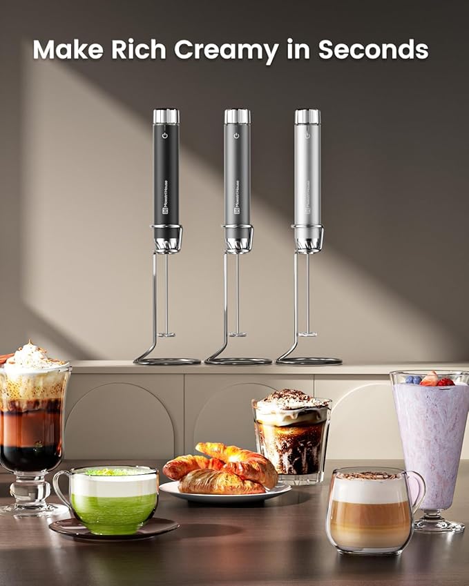 Maestri House Rechargeable Milk Frother with Stepless Speed Control, LunaFro Max Handheld Electric Foam Maker Waterproof Drink Mixer Foamer with Stand & Detachable Whisks for Lattes, Cappuccino