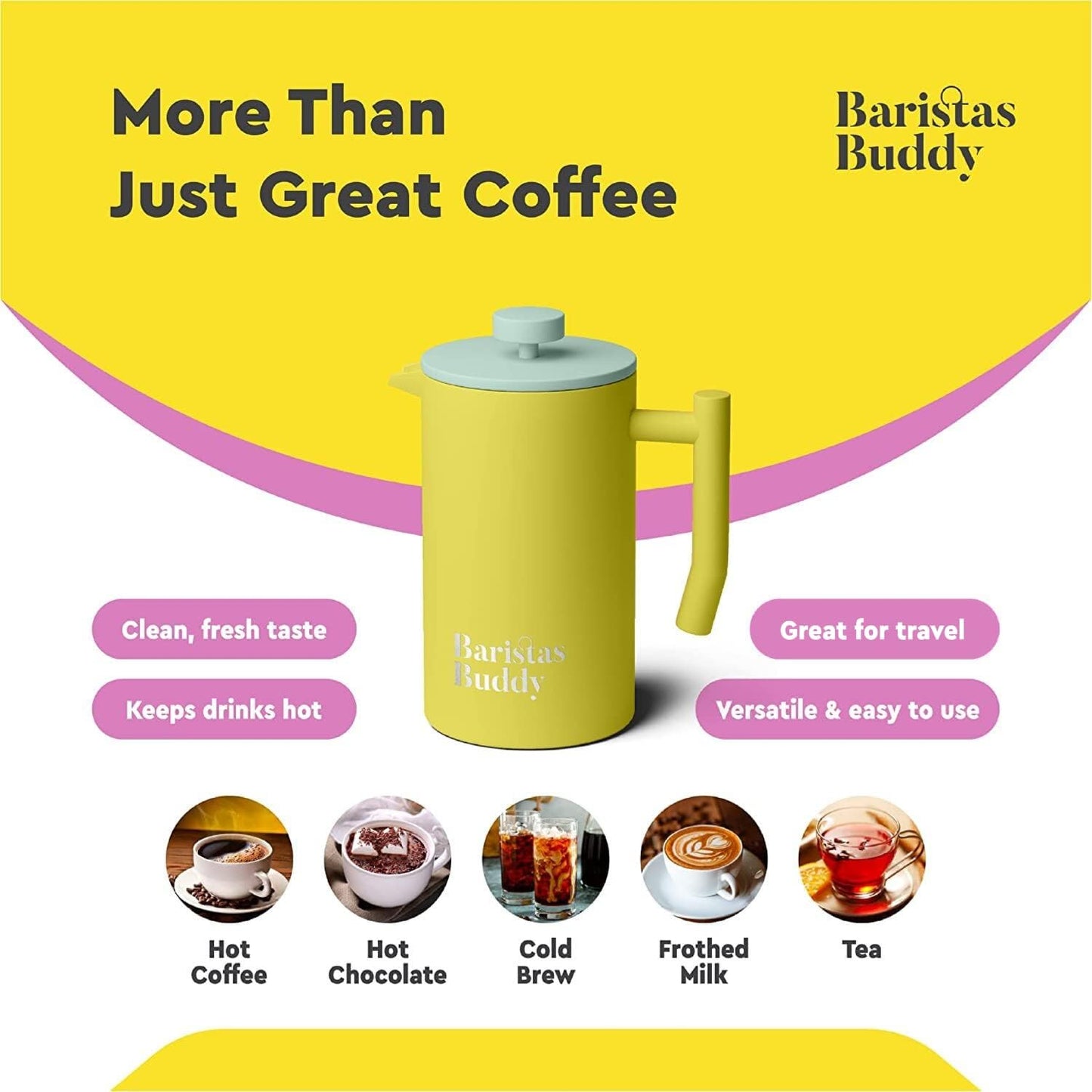Yellow French Press Coffee Maker - Colorful, Retro And Stylish Insulated Coffee Brewer - Large Size Brews 4 Cups
