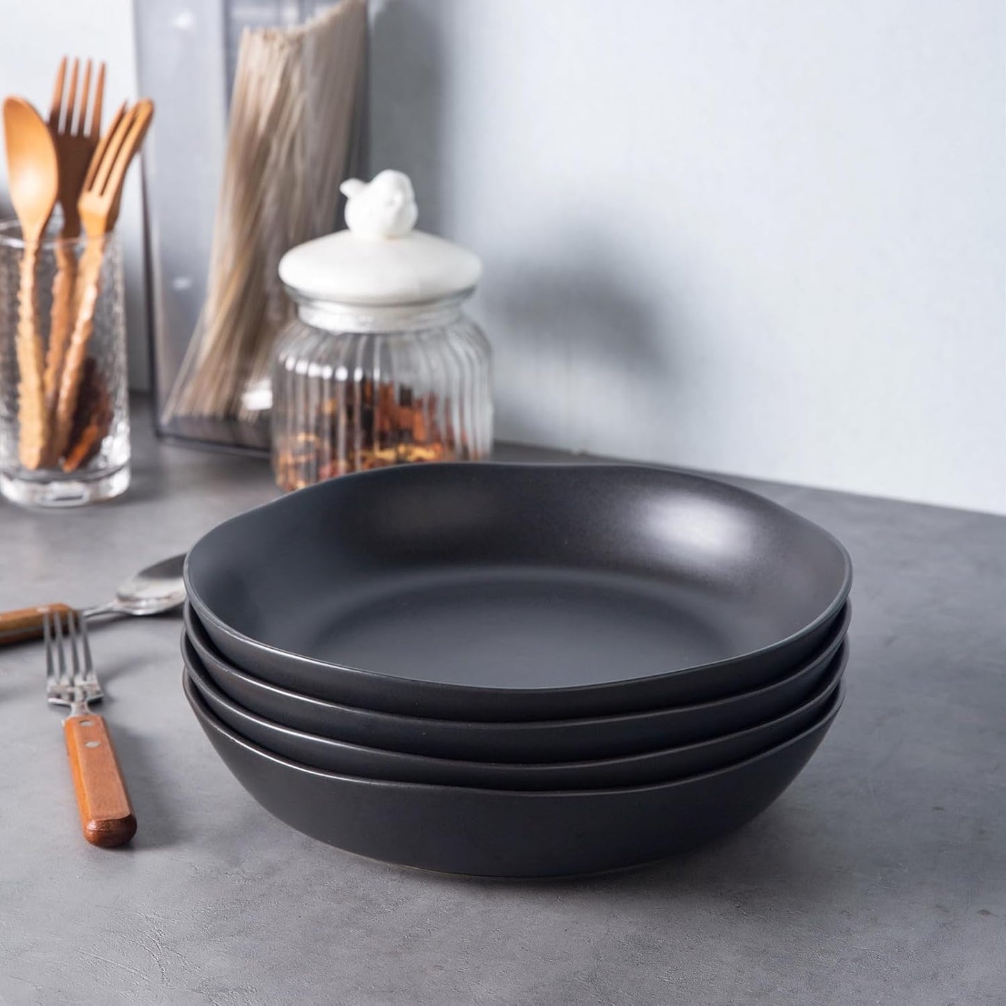 AmorArc 9.75'' Large Ceramic Pasta Bowls, 38oz Stoneware Wide Serving Bowls Set of 6 for Kitchen, Oven, Microwave&Dishwasher Safe Bowls with Wavy Rim for Fruit Pasta Salad Meal, Matte Black