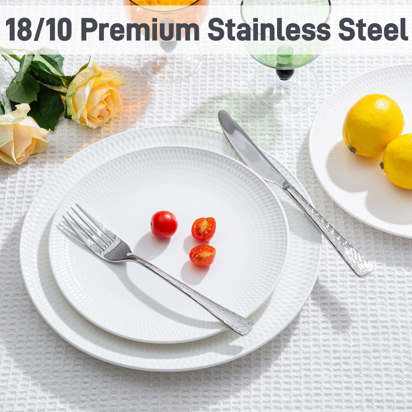 KINGSTONE Hammered Silverware Set, Flatware Set with Serving Utensils, 18/10 Stainless Steel Premium Cutlery with Unique Ripple Handles Design Mirror Polished - Dishwasher Safe (45-Piece)