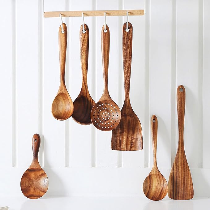 FJNATINH 7-Piece Nonstick Wooden Cooking Utensils Set, Natural and Healthy Kitchen Utensils(7 Pcs)