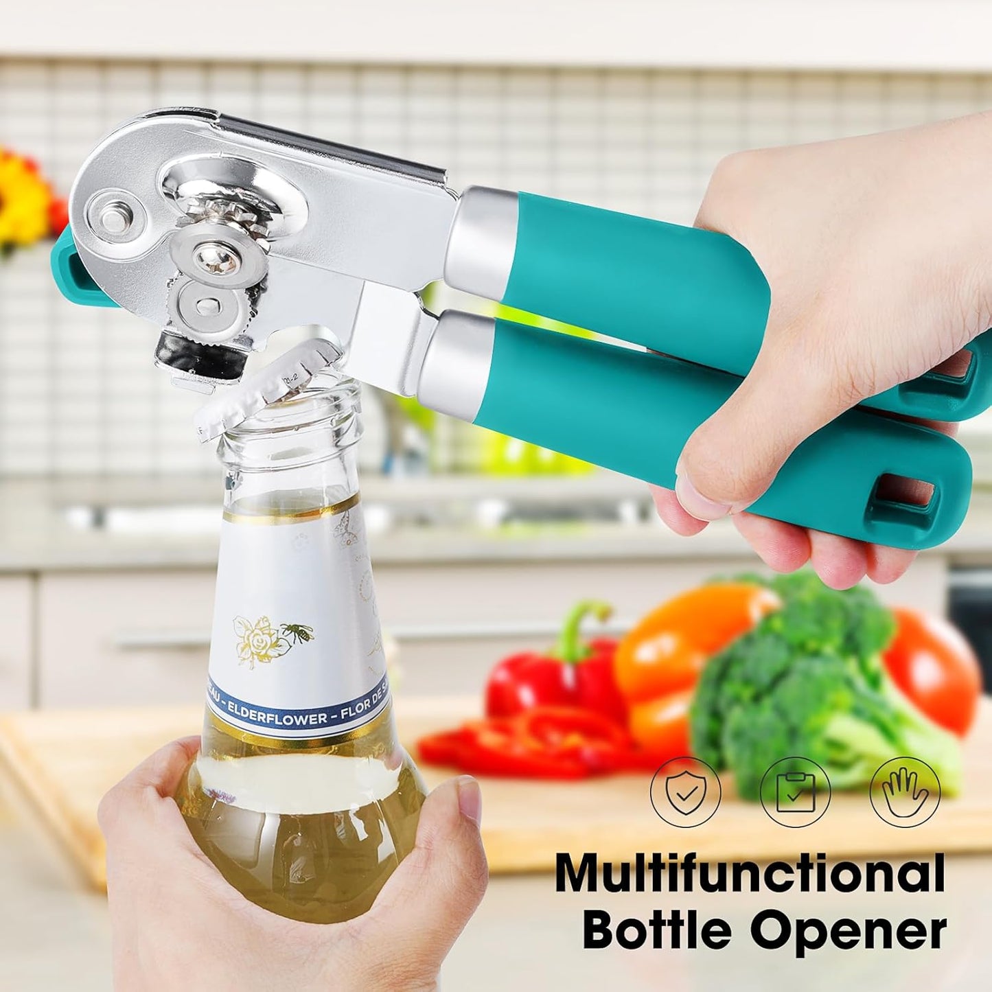 Beneno Can Opener Manual with Magnet, Hand Held Heavy Duty Can Opener with Durable Sharp Blade Smooth Edge, Big Effort-Saving Knob, Soft Grip Rubber Handle, Multifunctional Bottle Opener, Turquoise