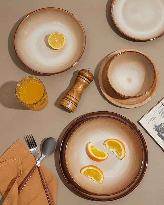 Ceramic Dinnerware Sets for 6, 18 Pieces Stoneware Plates and Bowls Sets, Chip and Crack Resistant Dishes, Dishwasher & Microwave Safe Dishware Sets, Brown Yellow