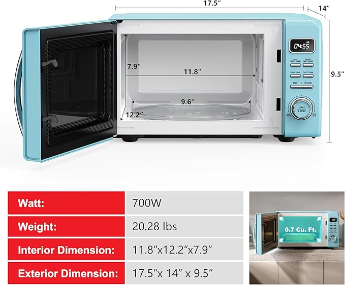 Galanz GLCMKZ07BER07 Retro Countertop Microwave Oven with Auto Cook & Reheat, Defrost, Quick Start Functions, Easy Clean with Glass Turntable, Pull Handle.7 cu ft, Blue