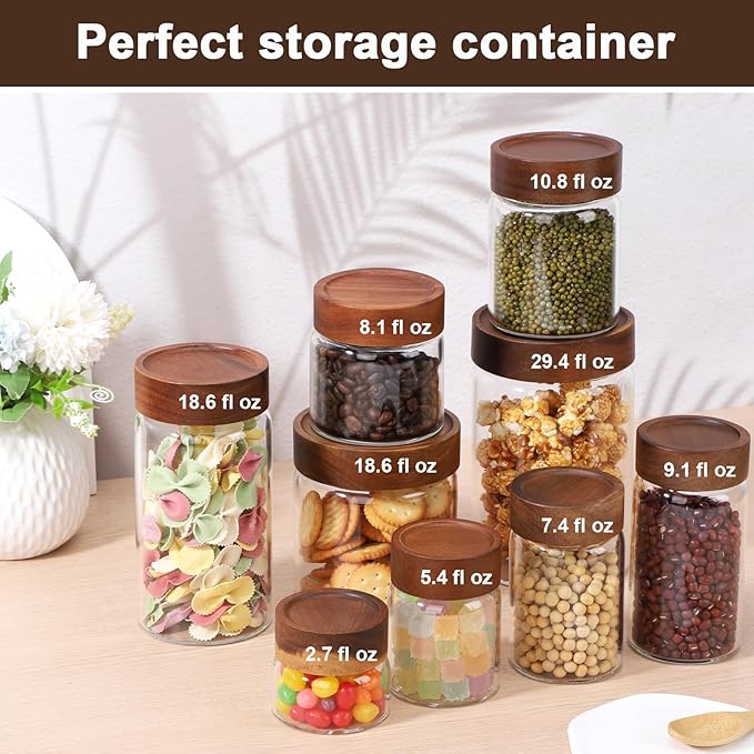 Glass Jar with Wood Lid, 4 Pack 8oz 240ml Coffee Jars with Airtight Lids, Wooden Screw Top Pantry Storage Glass Canister, Clear Kitchen Container for Spice, Sugar, Tea, Oats, Candy, Bean, Nuts
