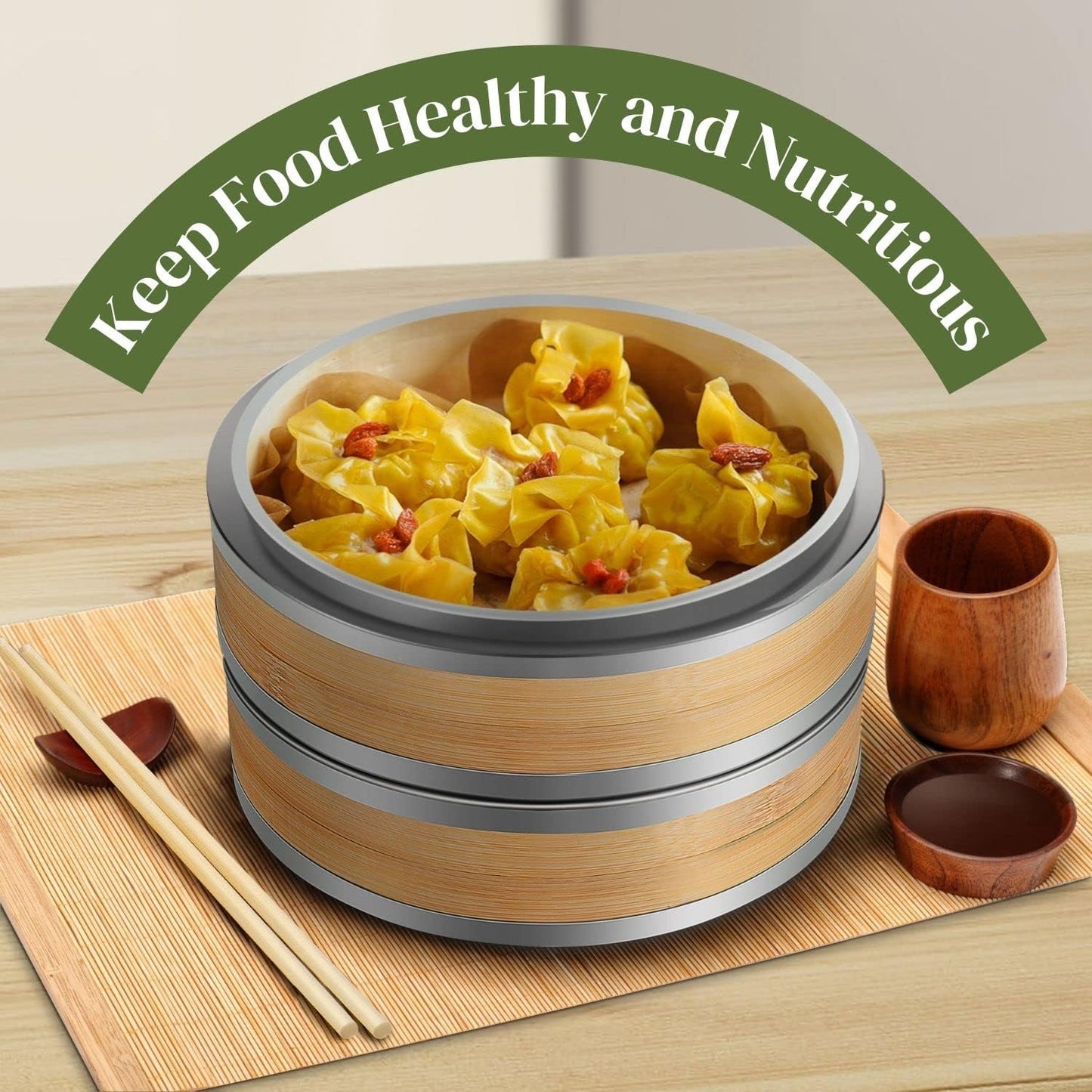 Flexzion Bamboo Steamer Basket Set (8 inch) with Stainless Steel Banding, 50 x Steamer Liners and 2 Pairs of Chopsticks, Steam Baskets for DimSum Dumplings, Rice, Vegetables, Fish and Meat