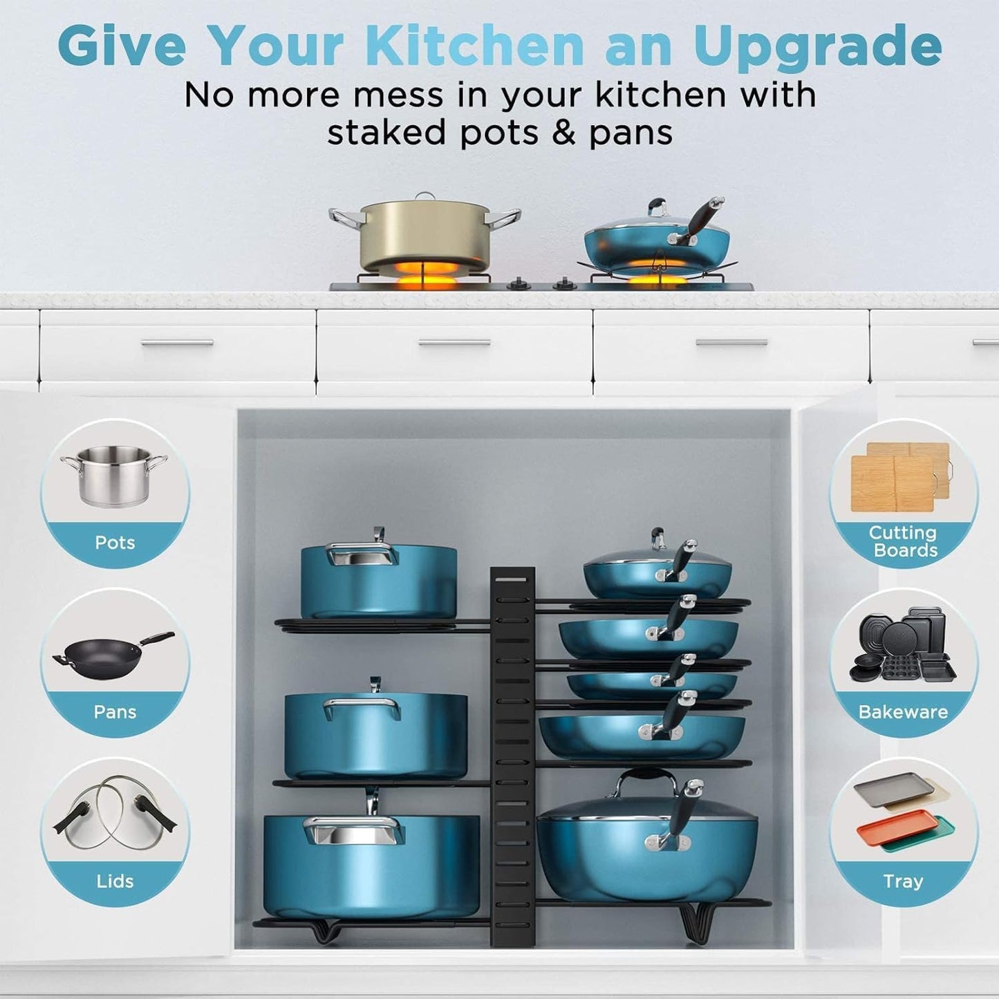 ORDORA Pots and Pans Organizer for Cabinet 16.61'' Height, 8 Tier Pot Organizers Rack with 3 DIY Methods, Adjustable Pan Organizer under Cabinet Kitchen Organization and Storage