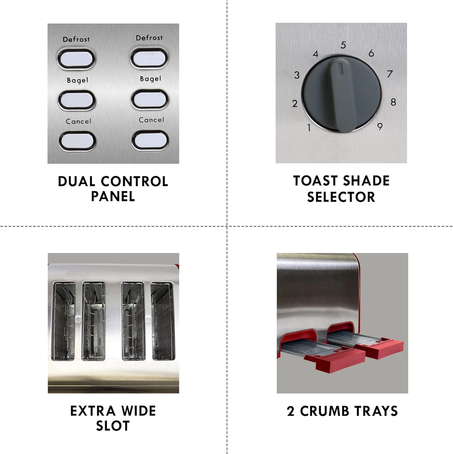 Kenmore Toaster 4 Slice - Extra Wide Slot Countertop Kitchen Appliance, Defrost Function, Grille-Pain, 9 Shade Settings, Compact Design, Easy Clean Crumb Tray, Bread Bagel, Stainless Steel & Red
