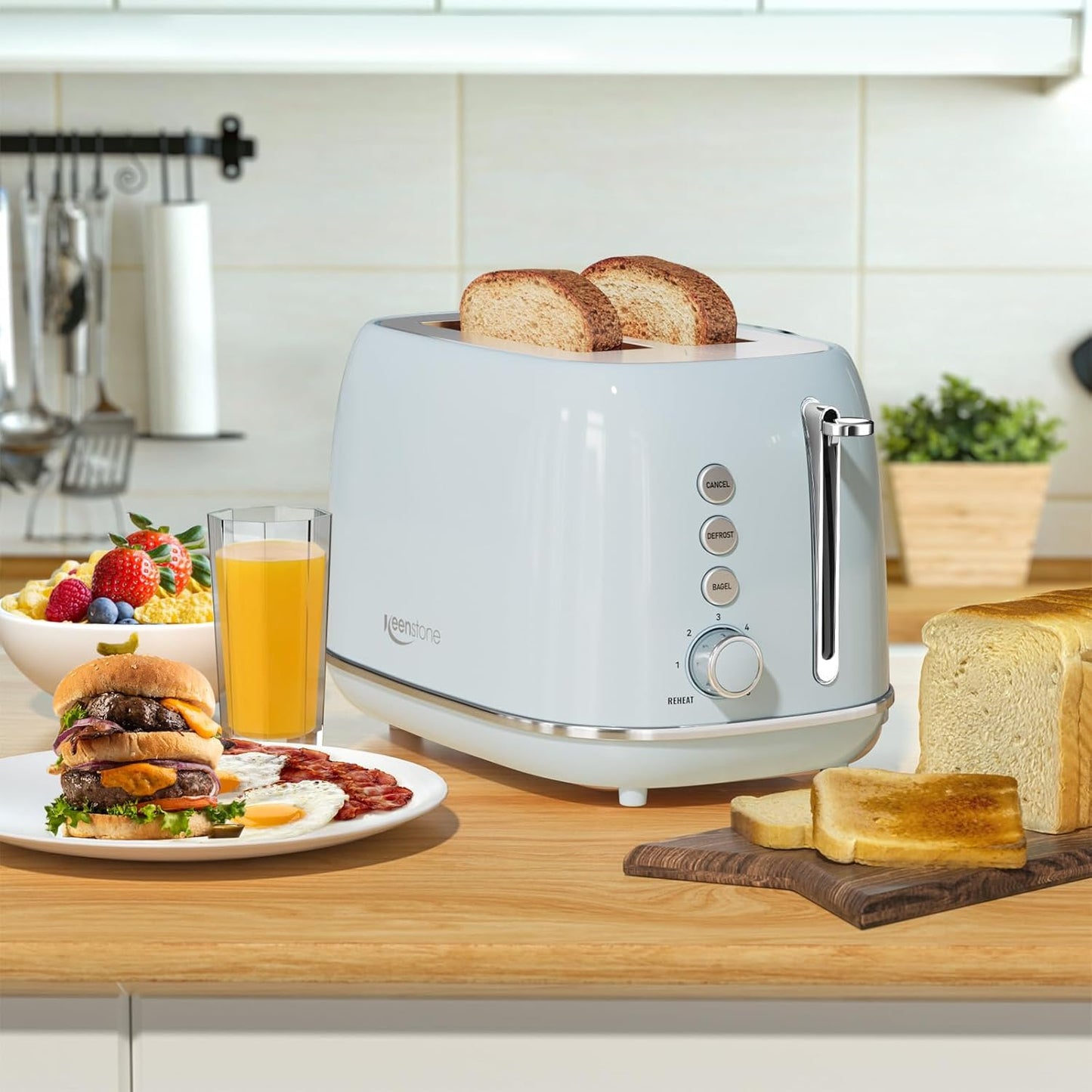 Retro 2 Slice Stainless Steel Toaster with 6 Bread Shade Settings, Bagel, Cancel, Defrost Function, Extra Wide Slot, Removable Crumb Tray, Blue