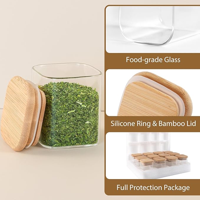 TBWIND 12 Pack 4 oz Square Glass Spice Jars with Lids and Labels – Airtight Small Seasoning Containers Set, Clear Glass Storage Jars for Seasoning, Spices, Kitchen Pantry Organization