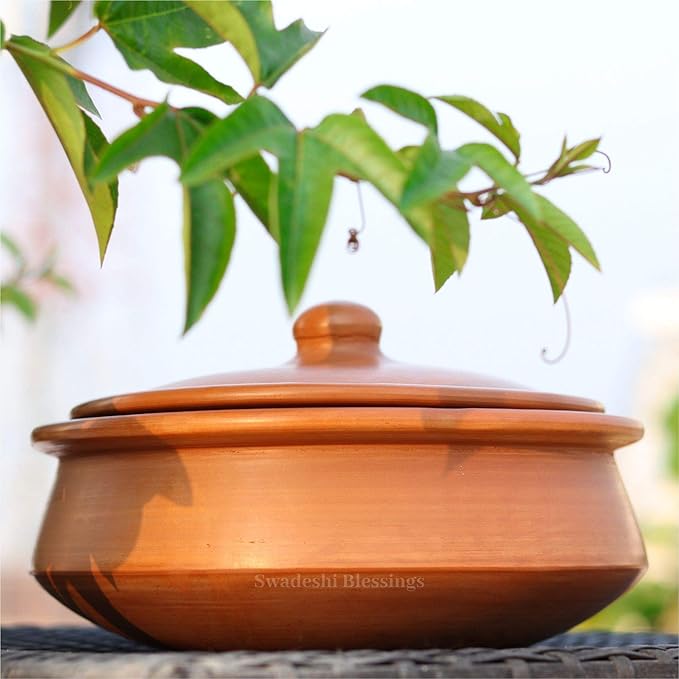 Swadeshi Blessings HandMade Exclusive Range Unglazed Clay Handi/Earthen Kadai/Clay Pot For Cooking & Serving with Lid, 2.8Liters (With Natural White Firing Shade & Mirror Shine) (Red)