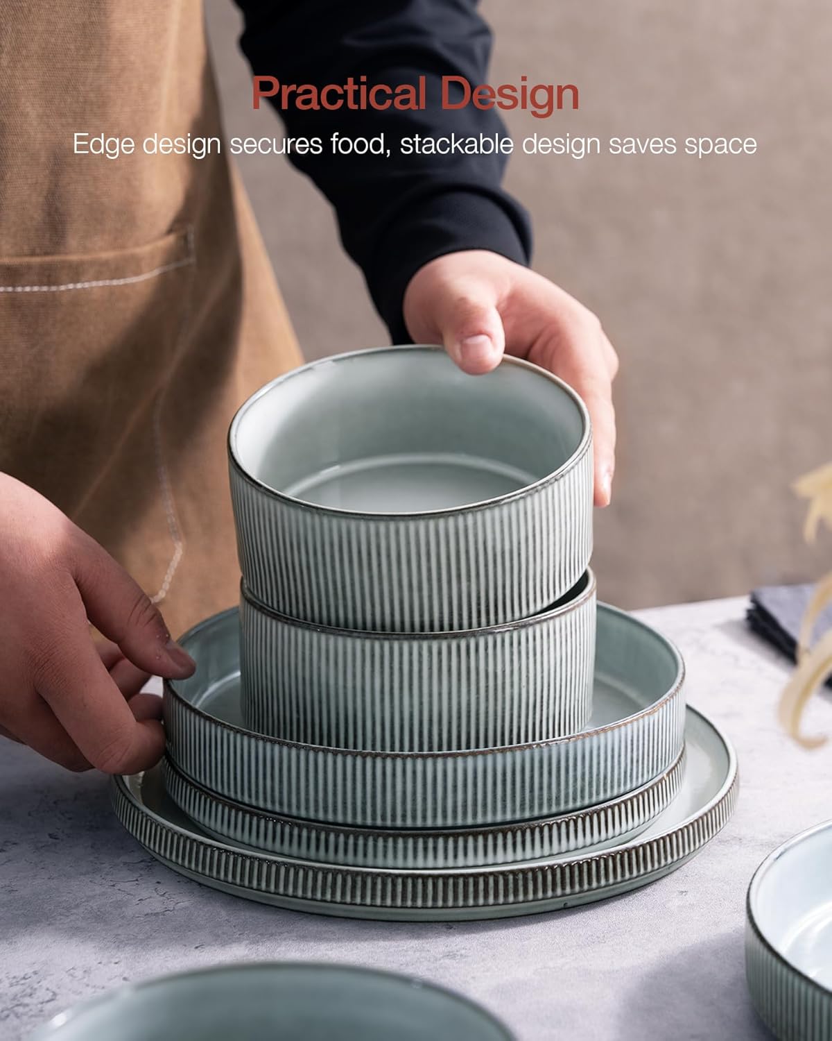 Famiware Star Dinnerware Set with Mugs, Service for 4 (16pcs), Ribbed Stoneware Plates and Bowls Dishes Sets - Chip & Scratch Resistant, Microwave & Dishwasher Safe, Smoky Blue