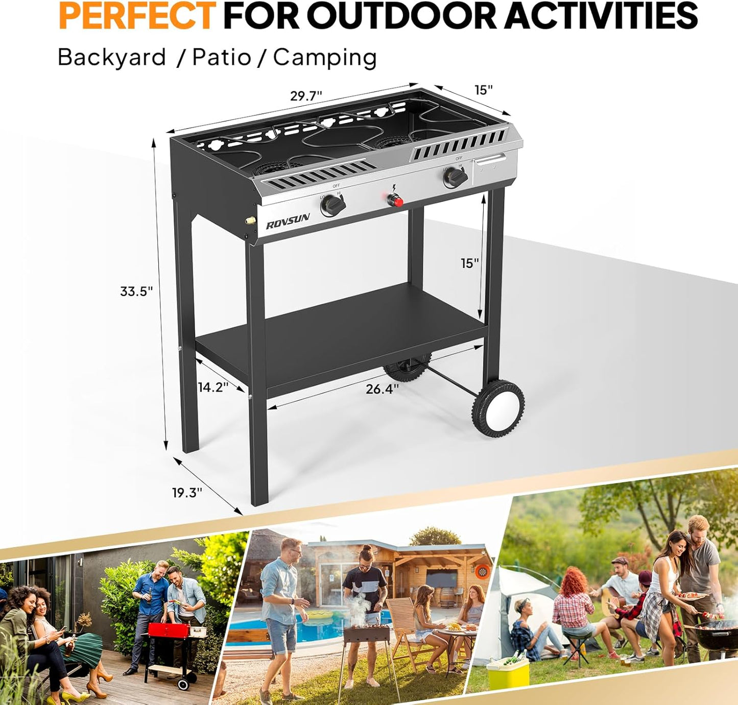 ROVSUN 2 Burner Outdoor Propane Gas Stove with Auto-ignition, Regulator & Shelf, 150,000 BTU Powerful Stand Cooker for Backyard Patio Cooking Home Brewing Canning Turkey Frying