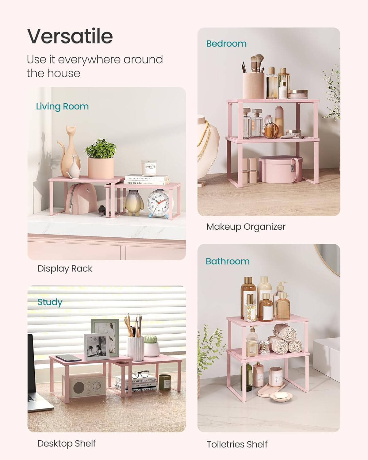 SONGMICS Cabinet Organizer Shelf, Set of 2 Kitchen Counter Shelves, Kitchen Storage, Spice Rack, Stackable, Expandable, Metal and Engineered Wood, Jelly Pink UKCS020S01