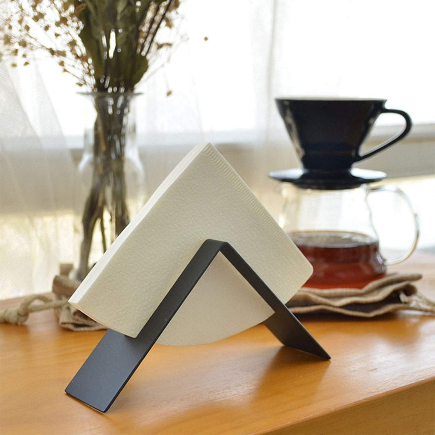 MIAO JIN Coffee Filter Paper Holder,Stainless Steel Coffee Paper Storage Container Dispenser Rack Coffee Filter Stand (Black)