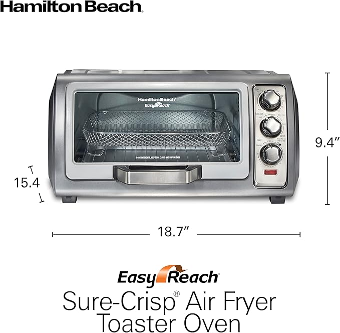 Hamilton Beach Air Fryer Toaster Oven Combo with Large Capacity, Fits 6 Slices or 12” Pizza, 4 Cooking Functions for Convection, Bake, Broil, Roll-Top Door, Easy Reach Sure-Crisp, Stainless Steel