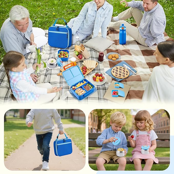 MAISON HUIS Bento Box for Kids with 8oz Soup Thermo, Leak-proof Lunch Food Containers with 5 Compartment, Insulated Lunch Bag & 17oz Stainless Steel Water Bottle for School, Trvael