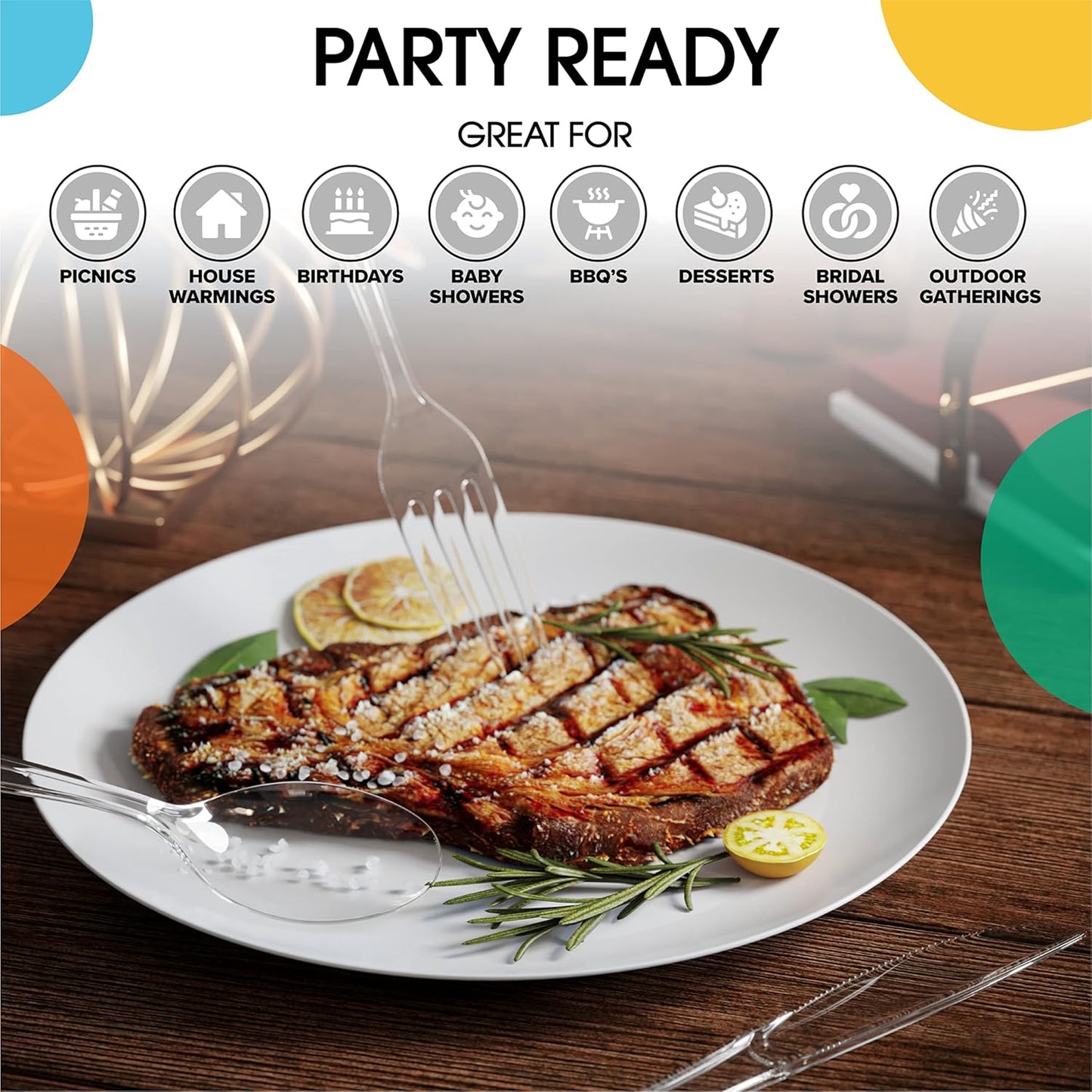 Party Solids Heavy Duty Plastic Spoons - 200 Pcs Clear Disposable Flatware