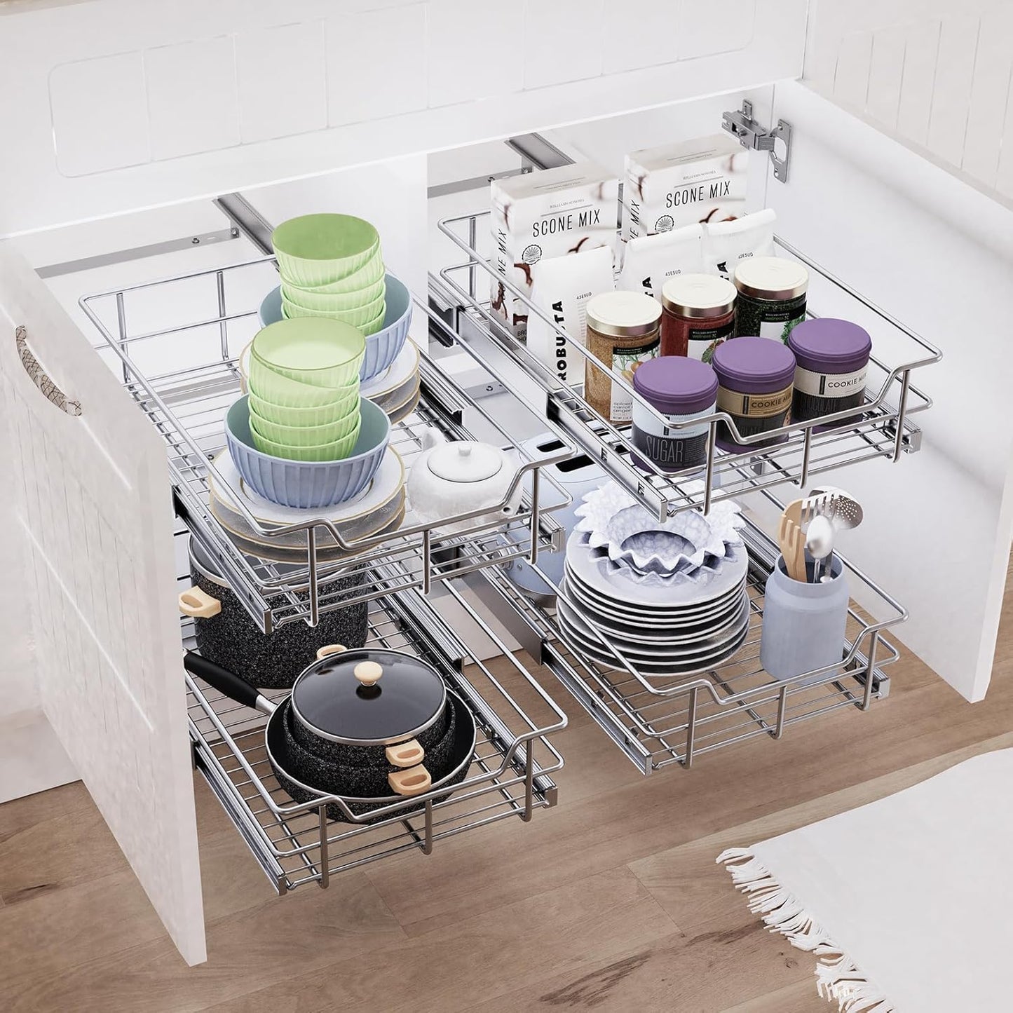 Pull Out Cabinet Organizer 11" W X 22" D, Slide Out Drawers For kitchen organizers and storage, Pull Out Drawers For Cabinets Capacity Heavy Duty Caddy, Cabinet Shelves Chrome-Plated, Bathroom Pantry