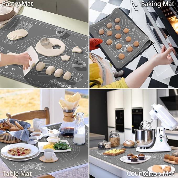 Silicone Baking Mat 24" x 16" Extra Thick Non-stick Pastry Mat with Measurements and Edge Heightening, Food Grade Silicone for Countertop Dough Rolling Making Bread, Cookies, Pizza, Fondant, Pasta