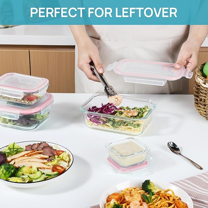 Vtopmart 8 Pack Glass Food Storage Containers with Airtight Lids, Glass Meal Prep Containers, Lunch Containers for Microwave, Oven, Freezer and Dishwasher, BPA Free