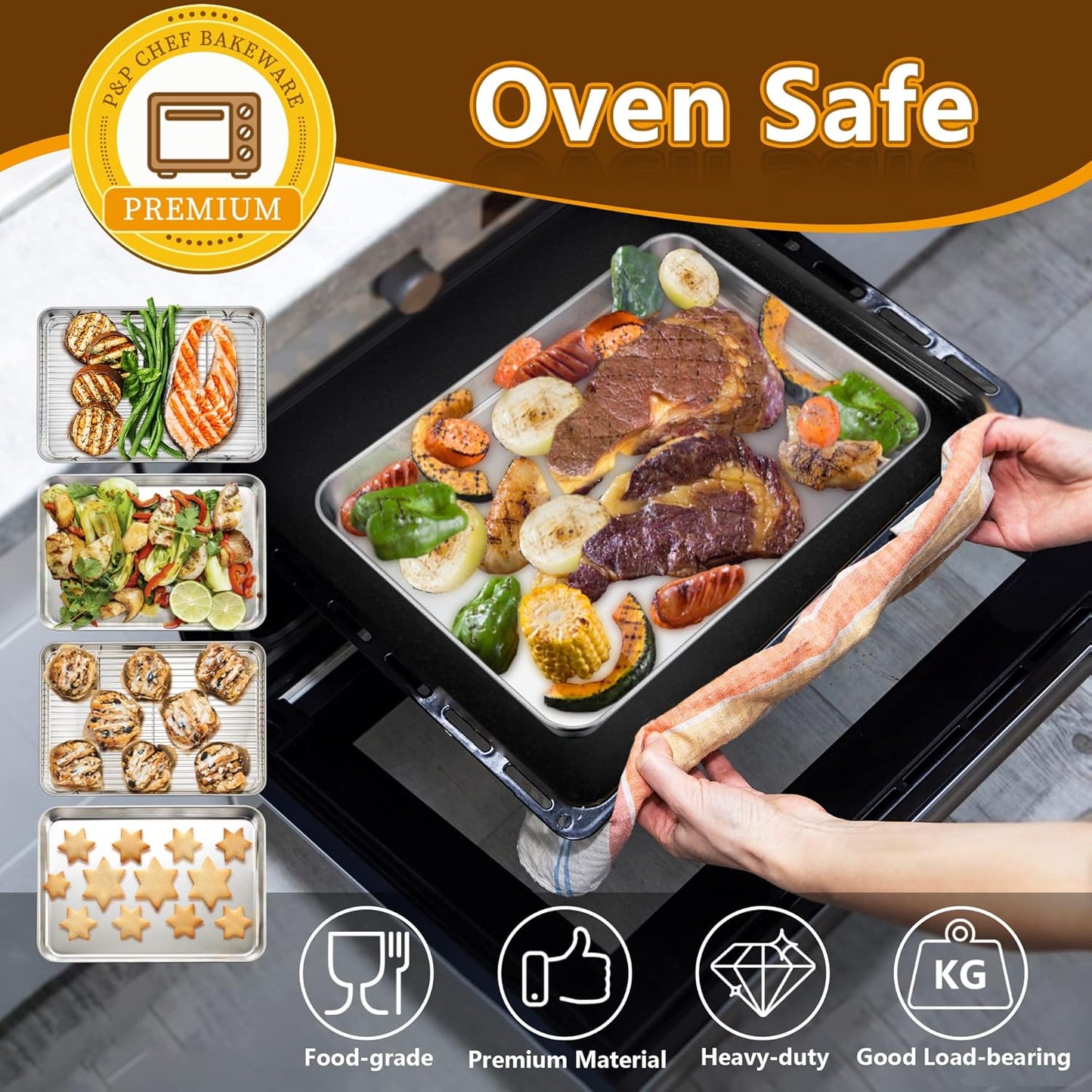 P&P CHEF 12.5 Inch Baking Sheet Pan with Rack Set, Stainless Steel Cookie Sheet Pan Tray with Cooling Rack for Oven Use, Cooking Roasting, Non Toxic & Dishwasher Safe, Heavy Duty
