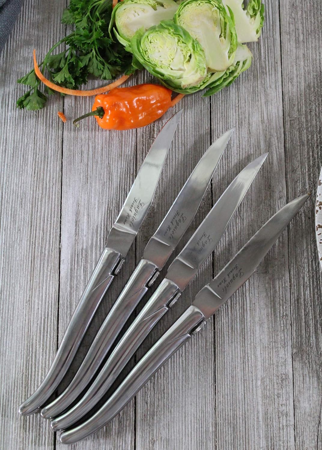 French Home Laguiole Connoisseur 4-Piece Steak Knives – Stainless Steel Dinner Knives with Etched Detailing & Napoleon Bee Emblem Packed in an Elegant Box (9")