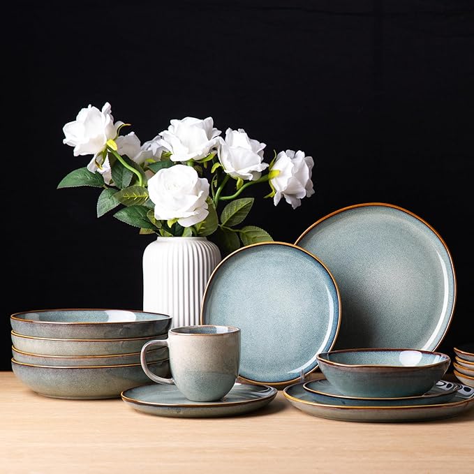 AmorArc Ceramic Dinnerware Sets,Handmade Reactive Glaze stoneware Plates and Bowls Sets,Highly Chip and Crack Resistant | Dishwasher & Microwave Safe,Service for 4 (12pc)