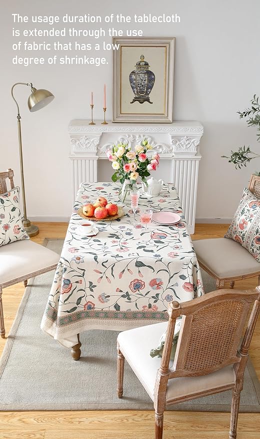 ISAENNE Designer Chinoiserie Linen Floral Table Cloth for Rectangle Table,White Wrinkle Resistant Tablecloth,Elegant Decor Tablecloths for Dining Thanksgiving Kitchen Party,55"*79"-Daffy