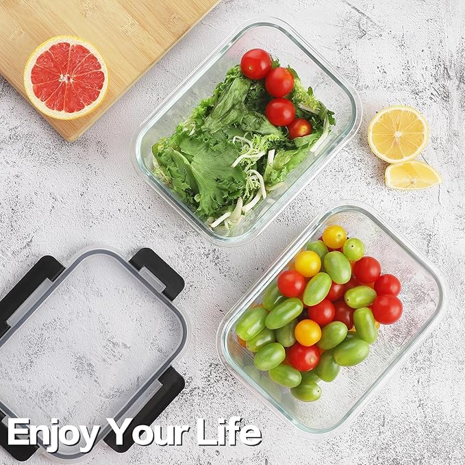 HOMBERKING 10 Pack Borosilicate Glass Meal Prep Containers with Locking Lids, Glass Food Storage Containers Set, Airtight Lunch Bento Boxes, BPA-Free & Leak Proof, 36oz & 14oz, Freezer, Oven Safe