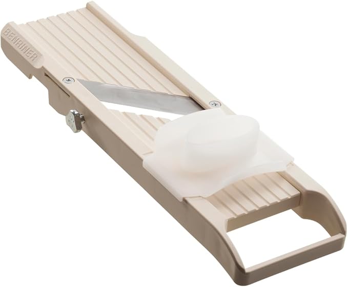 Benriner Mandoline Slicer with 4 Blades, Japanese Stainless Steel, BPA Free, 12.75 x 3.625-Inches, Beige