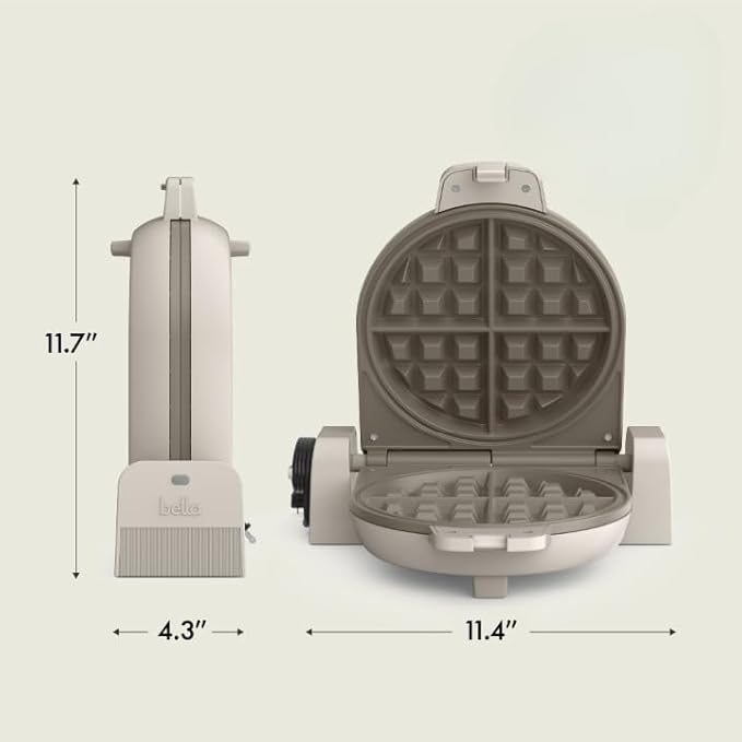 bella Flip-n-Store Waffle Maker with EverGood™ Ceramic Nonstick Coating, Fits-anywhere™ Kitchenware, Power Indicator Light, Cool Touch Handle & Cord Wrap, 7” Wide & 1" Deep Plates, 1000 Watt, Oatmilk