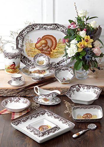 Spode Woodland Turkey Dinner Plate - 10.5" Traditional Thanksgiving Design with Historic British Floral Border, Fine Earthenware - Dishwasher, Microwave & Warm Oven Safe - Made in England