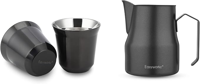 Easyworkz Stainless Steel Espresso Cup 2pcs Set Double Wall 5 oz, Bundled Espresso Steaming Pitcher Stainless Steel 15 oz Coffee Frothing Picther Milk Jug Cappuccino Latte Art Cup