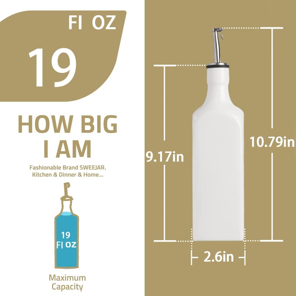 Sweejar 19 Fl Oz Ceramic Olive Oil Dispenser Bottle with Spout, Large Oil Dispenser for Kitchen, Opaque EVOO Oil and Vinegar Cruet for Cooking, Oil Container for Avocado Oil, Pack of 1 (White)