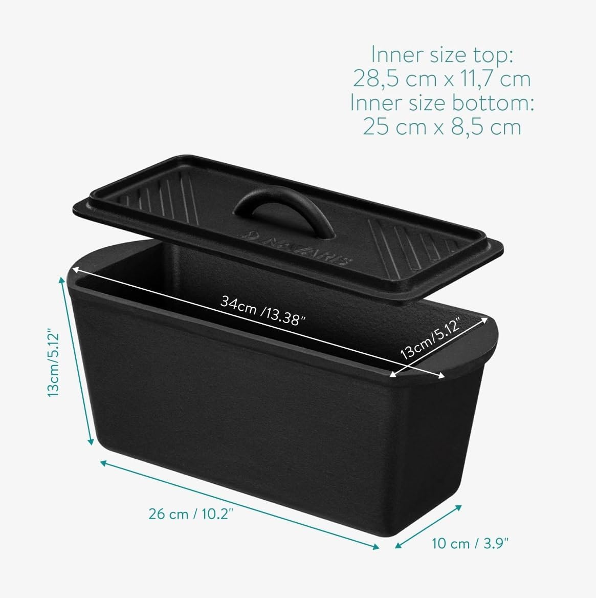 Navaris Long Bread Pan - Cast Iron Bread Loaf Pan with Lid for Homemade Sourdough Baking - 2 in 1 Cast Iron Loaf Pans - Covered Sour Dough Sandwich Baker - Dutch Oven Bakeware Set