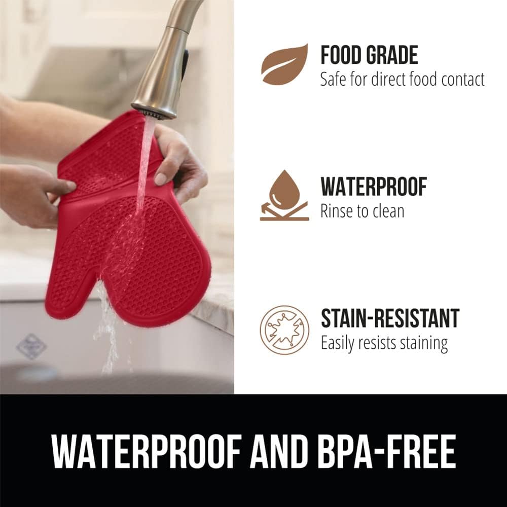 GORILLA GRIP BPA-Free Soft Silicone Oven Mitts, Heat Resistant and Waterproof Cooking Gloves, Thick Cotton Lining, Flexible Gripping for Baking Grilling, Kitchen Potholders Set of 2, 12.5x8.3, Red