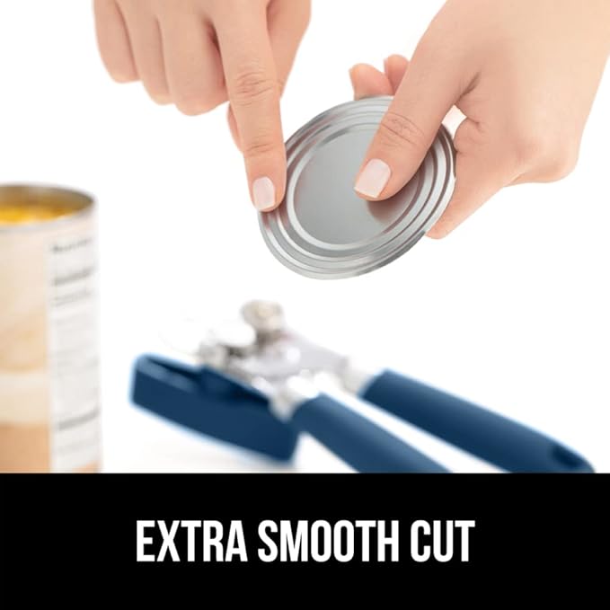 GORILLA GRIP Heavy Duty Stainless Steel Smooth Edge Manual Can Opener and Bottle Openers, Soft Comfortable Handle, Oversized Handheld Turn Knob, US Designed Multifunctional Kitchen Tool, Blue