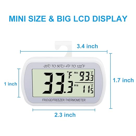 Waterproof Refrigerator Fridge Thermometer, Digital Freezer Room Thermometer, Max/Min Record Function Large LCD Screen and Magnetic Back for Kitchen, Home, Restaurants (4 Pack)