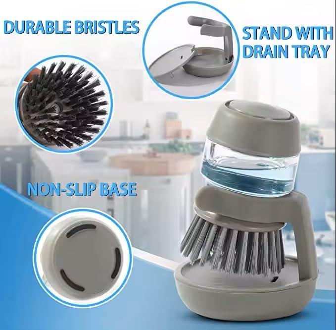 Soap Dispenser Palm Dish Brush with Storage Bracket – Drainage Base, Easy-to-Clean Kitchen Utensil Cleaner | Includes Extra Soft Bristle Brush (Gray&Green)