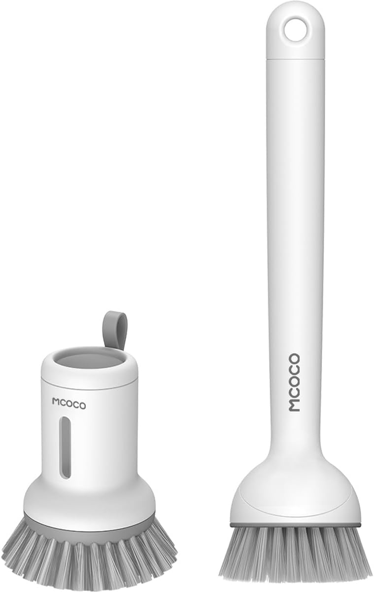 Dish Brush Set with Soap Dispensing Palm Brush Dish Scrub Brush with Soap Dispenser Palm Dish Brush Kitchen Cleaning Brush with Ergonomic Long Handle for Cleaning Sink, Pot, Pan, Stove, White