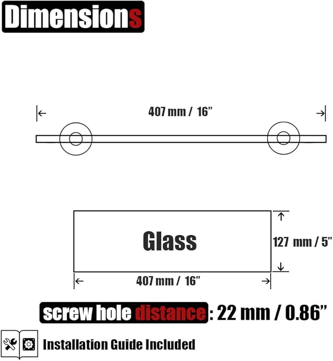 JQK Bathroom Glass Shelf Black, Tempered Glass Shower Storage 16 by 5 inches, 304 Stainless Steel Matte Black Wall Mount, TGS101L16-PB