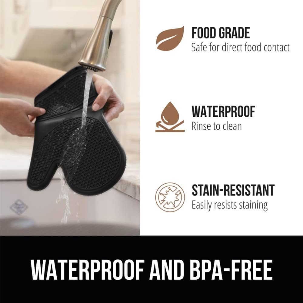 GORILLA GRIP BPA-Free Soft Silicone Oven Mitts, Heat Resistant and Waterproof Cooking Gloves, Thick Cotton Lining, Flexible Gripping for Baking Grilling, Kitchen Potholders Set of 2, 12.5x8.3, Black