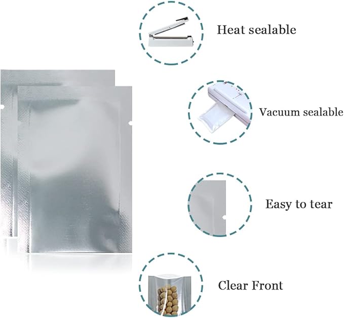 Silver Aluminum Foil Pouch Heat Seal Front Window Plastic Mini Open Top Flat Vacuum Packaging Mylar Bag Food Small Sample Mylar Storage with Tear Notch (1000, 1.9x2.7 inch)