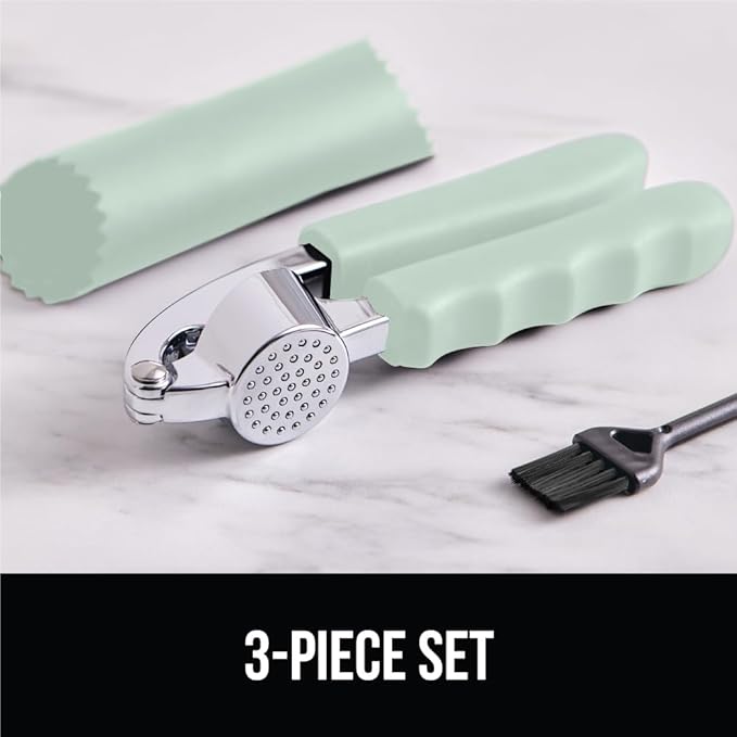 GORILLA GRIP Garlic Press and Peel Set, Heavy Duty Mincer Tool, Large Ergonomic Handle, Easily Mince and Crush Garlics, Ginger, Nuts, Seeds, Peeler Included, Peeling Cloves, Kitchen Gadgets, Mint