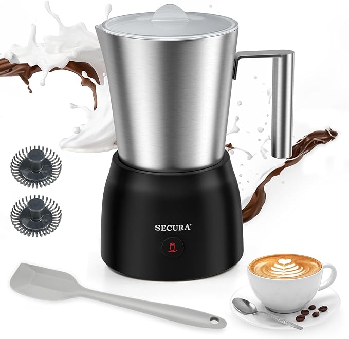 Secura 17oz Detachable Milk Frother and Steamer, Stainless Steel Electric Hot/Cold Foam Maker for Lattes, Cappuccinos & Hot Chocolate, Upgraded 2-in-1 Whisks, Non-Stick & Teflon-Free Design