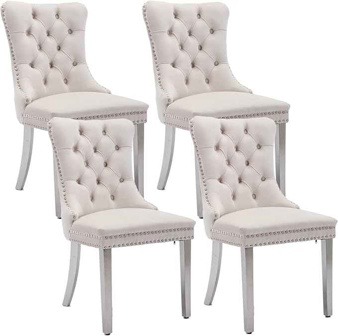 Dining Room Chairs Set of 4, Velvet Upholstered Dining Chairs with Back Ring Pull Trim and Sliver Stainless Steel Legs,Modern Dining Chair Perfect for Dining Room,Living Room,Kitchen(Beige)