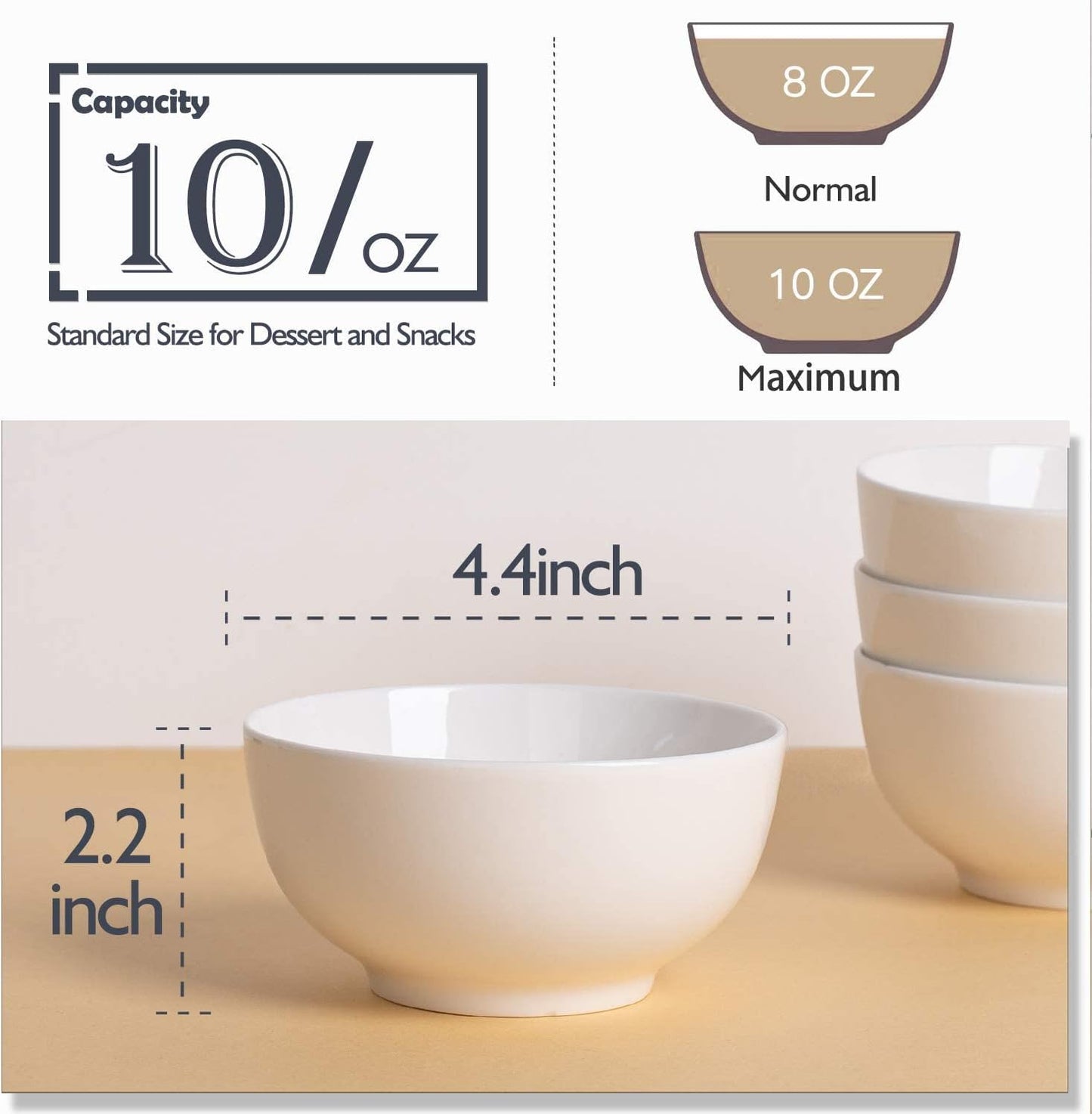 DELLING Porcelain Bowls - Set of 6 White Ceramic Small Bowls for Dessert, Snacks, Condiments & Side Dishes