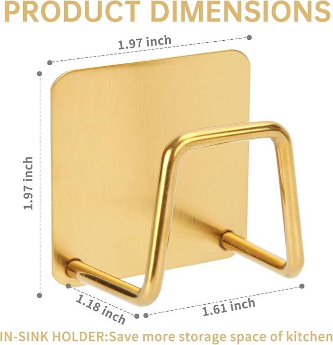 2Pcs Adhesive Sponge Holder for Kitchen Sink Essentials, Stainless Steel Dish Soap Holder, Rustproof and Waterproof, Quick Drying, Minimal Size Saves Space, Gold